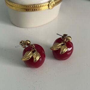 Avon Red Cherry Earrings with Gold-Tone Leaves